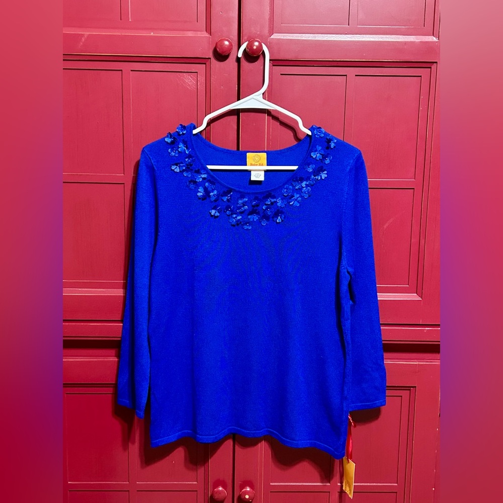 Ruby Rd. Blue Embellished 3/4 Sleeve Blouse